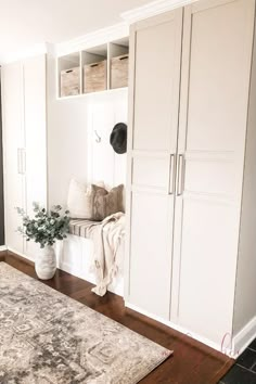 a living room with white cabinets and a rug on the floor in front of it