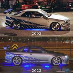 two pictures of the same car in different ways, one is silver and the other is blue