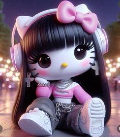 a hello kitty doll sitting on the ground with headphones in her ears and wearing ear phones