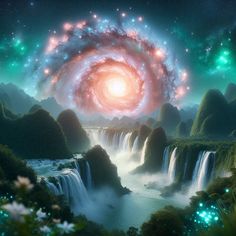 an image of a spiral galaxy in the sky over a waterfall with flowers and trees