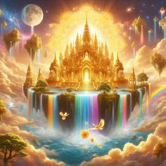 a painting of a castle in the sky with rainbows and butterflies flying around it