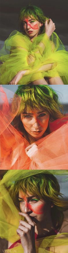 three different images of a woman with green hair