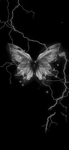 a black and white photo of a butterfly flying through the sky with lightning behind it