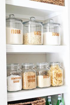 an organized pantry with cereal, flour and sugar