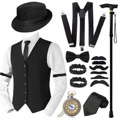 PRICES MAY VARY. 【1920s Accessories Set】: You will get our 1920s men's accessories pack including vest*1, hat*1, tie*1, bow tie*1, pocket watch*1, pipe*1, crutch*1, suspenders*1, fake beard*6, armband*2. All of which are items with strong retro elements, very suitable for all kinds of retro gentleman looks. This is the perfect complement to your outfit, making every appearance stand out. Enjoy the fun with this 1920s accessories set! 【Carefully Selected Materials】: Roaring retro accessories set 1920s Mens Accessories, 1920s Male Fashion, Outfit With Vest, Gangster Costume, 20s Costume, Gangster Costumes, 1920s Accessories, Speakeasy Party, Fake Beards