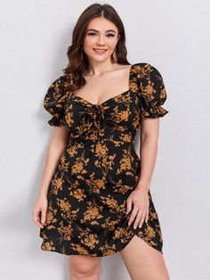 Floral Plus Size Dresses, Milkmaid Dress, Frock Design, Curvy Dress, Curve Dresses, Linen Dresses, Plus Size Dress