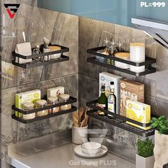 three shelves with food items on them in a kitchen