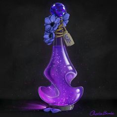 a purple vase with blue flowers and a tag on it's neck, sitting in front of a black background