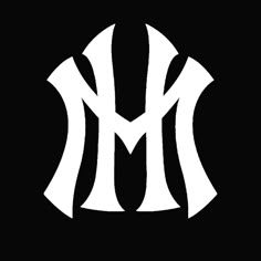 the new york mets logo is shown in black and white on a dark background,