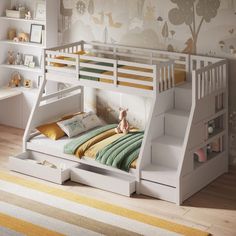 a child's bedroom with bunk beds and desks