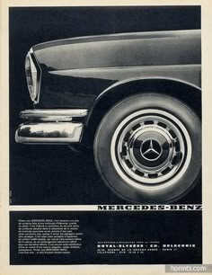 an advertisement for mercedes benz shows the front wheel and spokes, as well as its emblem