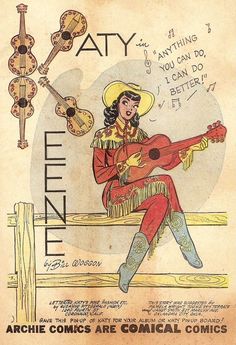 an old book with a drawing of a woman sitting on a bench playing the guitar