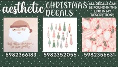 christmas cards with santa claus and pine trees on them, all decorated in pink and green