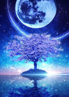 a tree in the middle of water with a full moon behind it and stars above