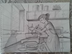 a drawing of a woman cooking in the kitchen