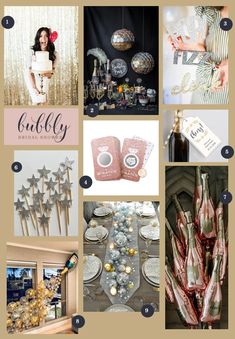 a collage of photos with silver and gold decorations on it, including wine bottles, champagne