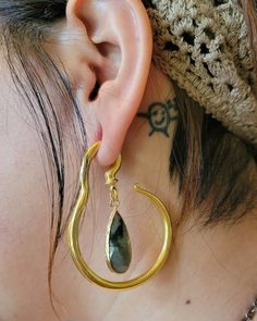 Teardrop Labradorite Earrings, Handmade Labradorite Teardrop Earrings, Teardrop Brass Jewelry With Natural Stones, Unique Brass Teardrop Hoop Earrings, Spiritual Brass Teardrop Earrings, Ear Weights Hangers, Hand-forged Teardrop Hoop Earrings, Pierced Brass Teardrop Earrings, Hand Forged Labradorite Teardrop Jewelry