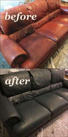 before and after photos of a leather couch