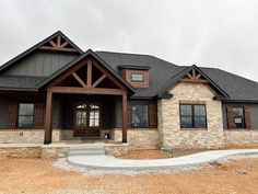 a large house with stone and wood accents