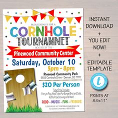 a flyer for the cornhole tournament with an image of a corn hole on it