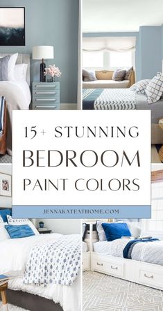 some blue and white bedroom furniture with text overlay that reads 15 stunning bedroom paint colors