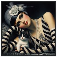 a painting of a woman with a cat on her lap, wearing black and white stripes