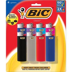 four different colors of lighters are in the package