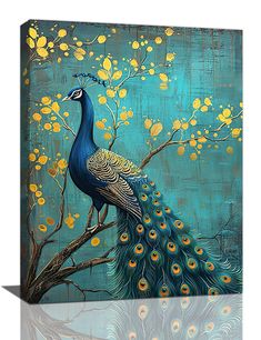 a painting of a peacock sitting on a tree branch with yellow flowers in the background