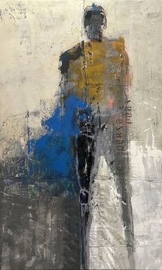 an abstract painting of a man standing in front of a white wall with blue and yellow accents