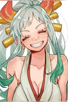 an anime character with white hair and horns on her head, smiling at the camera