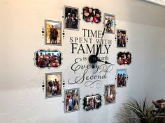 a wall clock with family pictures on it and the words time spent with family is one second