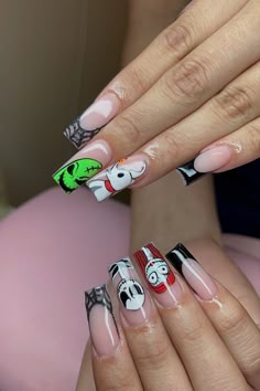 Jack Skellington And Oogie Boogie Nails, The Night Before Christmas Nails, Spook Nails, Fall Nail Ideas Acrylic, Nails Acrylic Neon, Jack And Sally Nails, Nightmare Before Christmas Nails Designs, Horror Nails Halloween, Horror Nails Acrylic