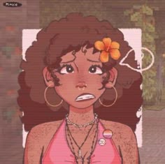 an animated woman with flowers in her hair