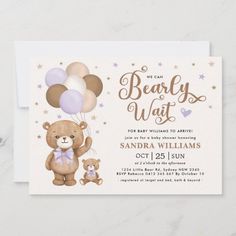 a teddy bear with balloons and stars is on the front of this baby shower card