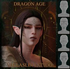 the face and head of a woman with dragon age tattoos on her forehead, in front of