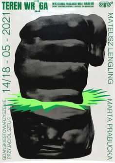 a poster with an image of a man's torso in black and green ink