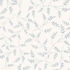 a white and blue wallpaper with small leaves on the left hand side of it