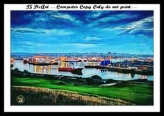 an oil painting of boats in the water and some buildings on the other side of the river