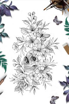 a drawing of a skull surrounded by flowers and butterflies