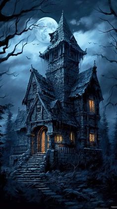 a spooky house in the woods at night