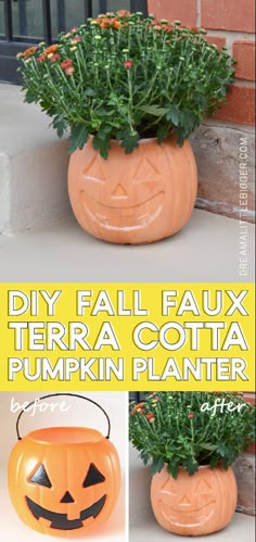 an orange pumpkin planter sitting on the side of a building with text overlay that reads diy fall faux terra cota pumpkin planter