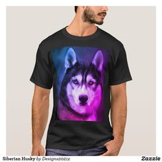 a man wearing a t - shirt with a photo of a husky dog on it