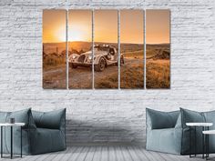 a car parked in front of a sunset on the road multi panel canvas wall art