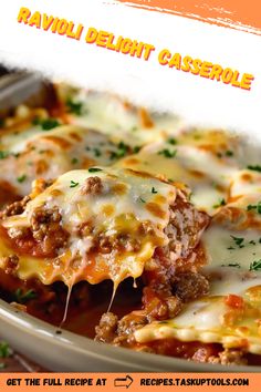 a casserole dish with meat and cheese is shown in an advertisement for ravioli delight casserole