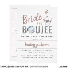 the bridal and bouee bachelor party card is shown in white with rose gold foil