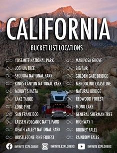 the california bucket list is shown with mountains in the background