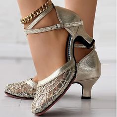 Women's Gold Silver Lace Ballroom Dance Shoes with Ankle Strap and Mid Heel for Latin and Salsa Dancing 2024 - $23.59 Wedding Shoes Sandals, Sparkly Sandals, Latin Shoes, Ballroom Dance Shoes, Heels Online, Wedding Shoes Heels, 2024 Trends, Wedding Heels, Pointed Toe Heels