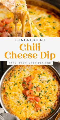 a cheesy dip is being lifted from a skillet with cheese and tomatoes