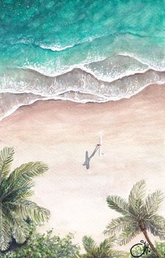 a watercolor painting of a beach with palm trees and the ocean in the background