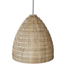 a hanging light made out of wicker with a black cord on the end and a white background